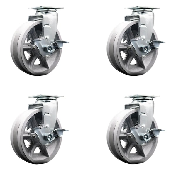 6'' V-Groove Semi Steel Swivel Caster Set with Bronze Bearings and Brakes, 4PK